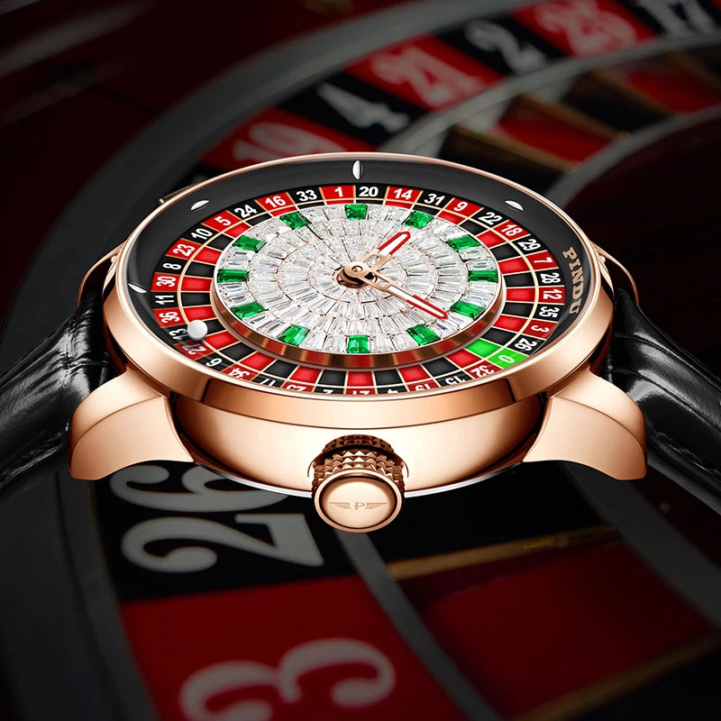 PINDU New Watches European Button Roulette Fun Game Sapphire Glass NH35A Mechanical Watch Diamond Dial Leather Men's Watch P6628