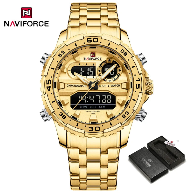 NAVIFORCE Men's Watch Luxury Waterproof Sports Chronograph Quartz Steel Band Wristwatch Digital Date and Week Display Male Clock