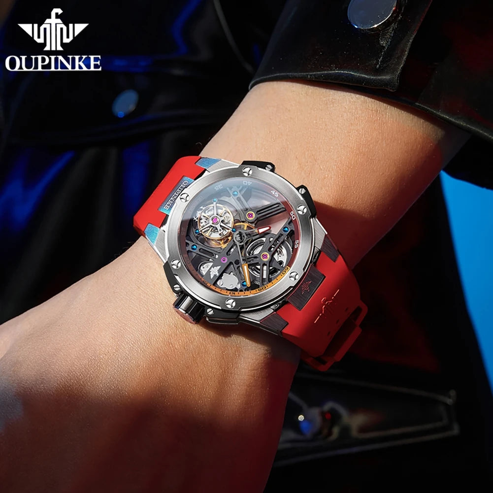 OUPINKE 8003 Men's Watch 45mm Big Dial Fashion Hollow Automatic Watch For Men Waterproof Luxury Tourbillon Mechanical Hand Clock