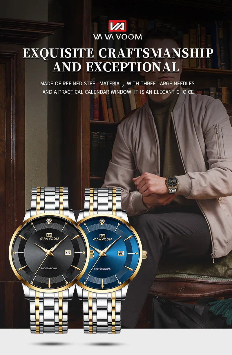 VA VA VOOM Fashion Men's Watches Waterproof Stainless Steel Business Simple Night Light Date Top Brand Quartz Watch for Men