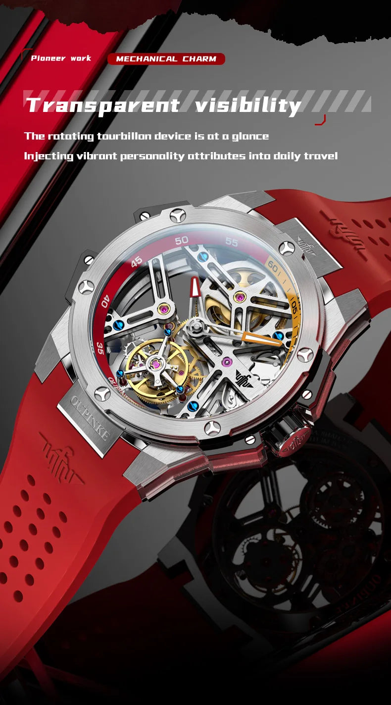 OUPINKE 8003 Tourbillon Men Watch Luxury Brand Hollow out Automatic Mechanical Watch Silicone Waterproof Sapphire Mirror Watch