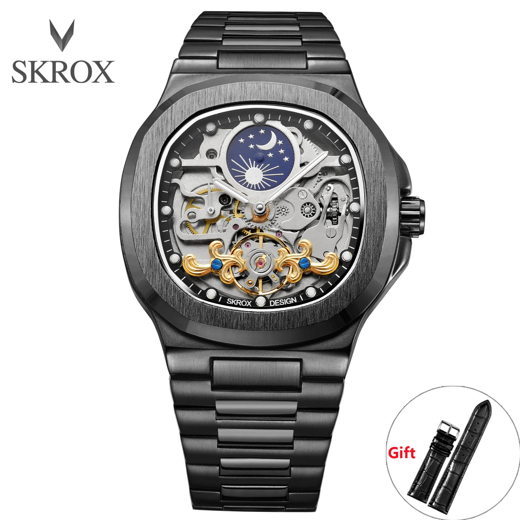 2025 High-end Luxury SKROX Square Man Watch Sapphire Stainless Steel Skeleton Moon Phase Classic Automatic Movement Male Watches