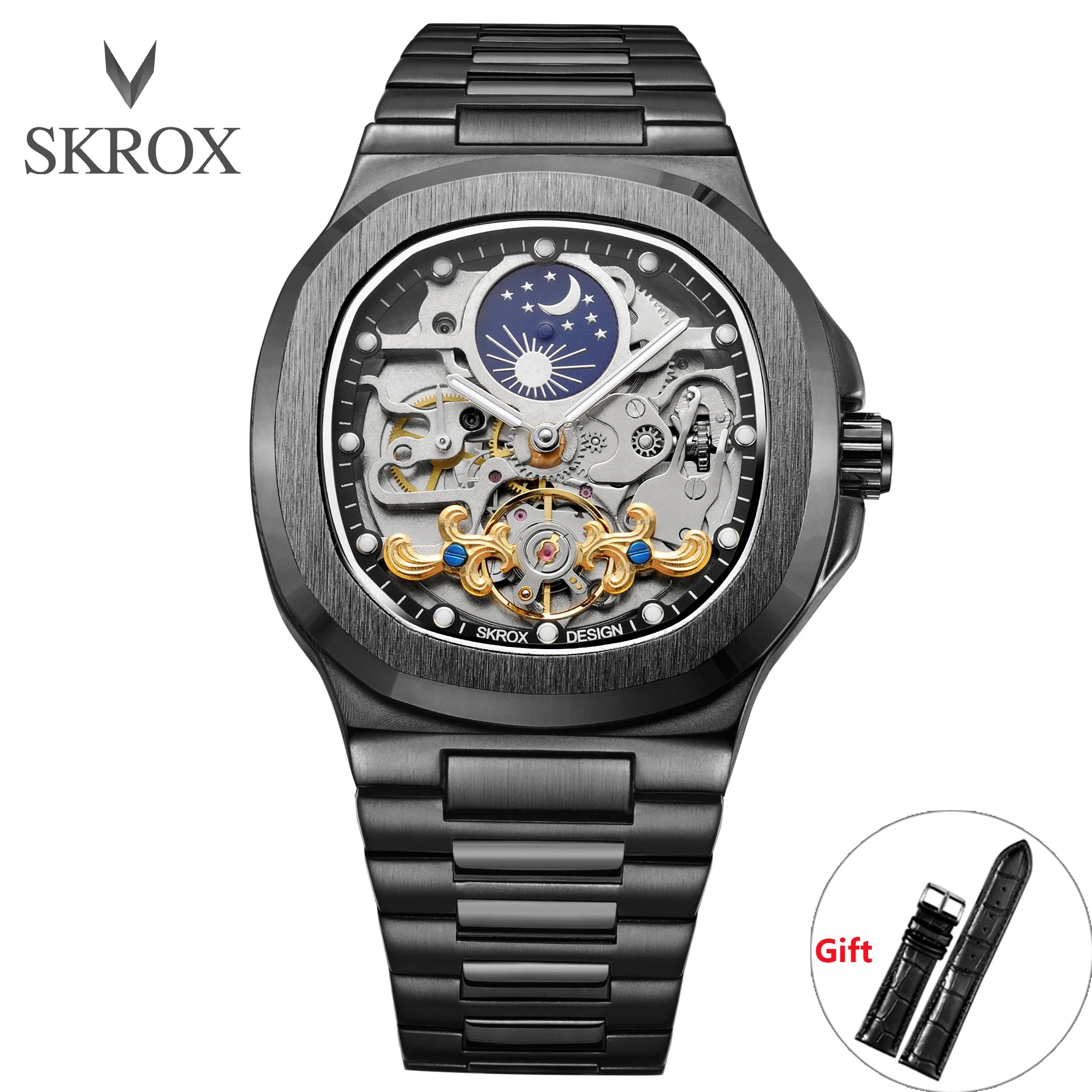 2025 High-end Luxury SKROX Square Man Watch Sapphire Stainless Steel Skeleton Moon Phase Classic Automatic Movement Male Watches