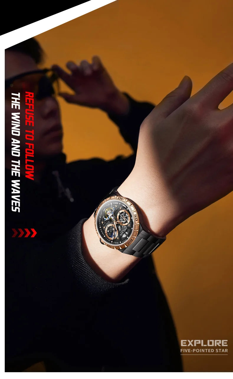 GELATU 6020 Trend Men's Watches Multifunctional Automatic Mechanical Watch for Men Flywheel Hollow out Moon Phase Wristwatch Man