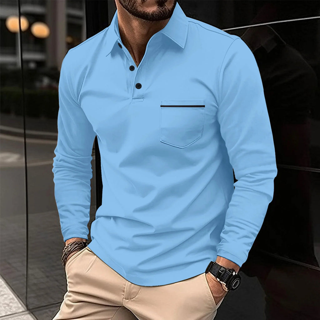 New men's casual long-sleeved polo shirt - solid-colored lapel polo shirt, stylish, breathable, comfortable and versatile top.