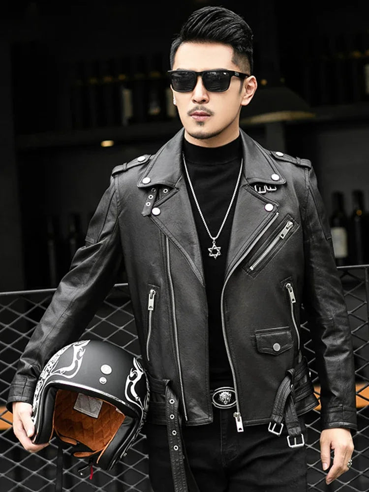 Brand Leather Jackets European Fashion Spring Autumn Short Cool Black Leather Biker Jacket Men Zipper Long Sleeve Belt Plus Size