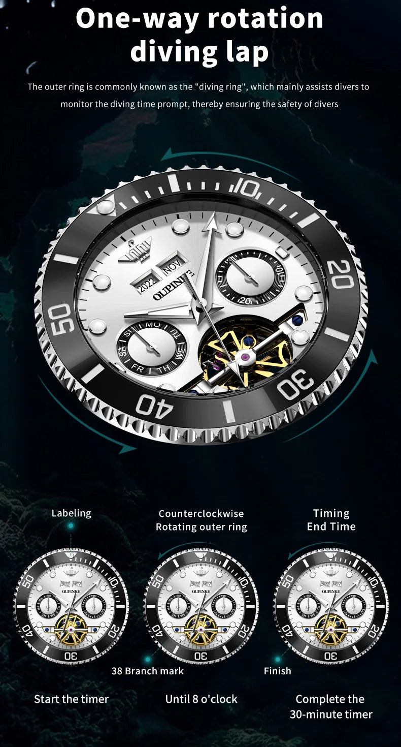 OUPINKE Automatic Mechanical Watches for Men White Black Panda Eye Skeleton Luxury Top Brand Sapphire Mirror Male Diving Watches