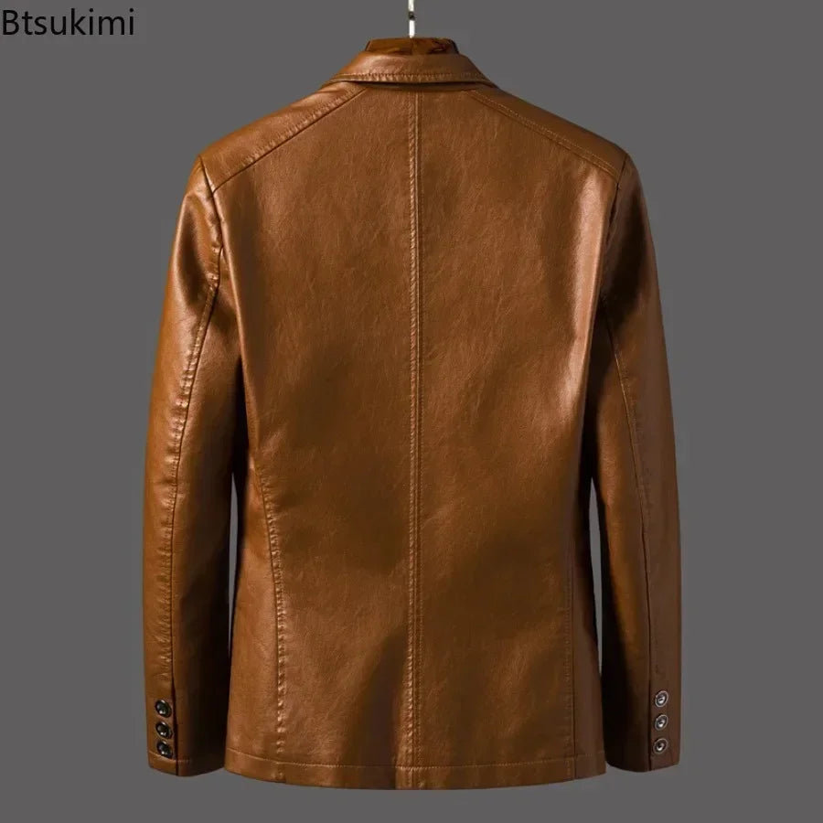 2025 Men's Leather Jackets Lapel Business Leather Jackets Men Pu Blazers Korean Style Slim Fashion Leather Coat Plus Size M-6XL