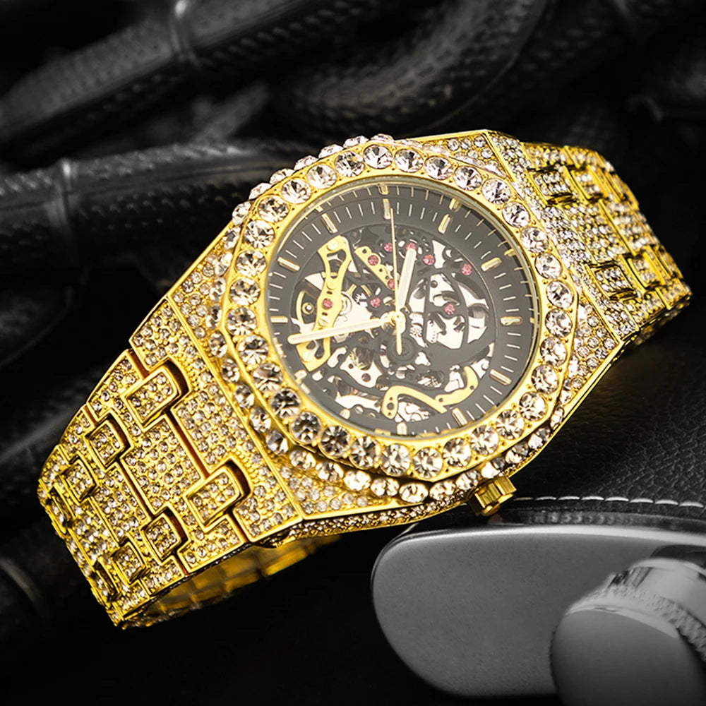 Automatic Watch For Men Luxury Full Ice Out Business Tourbillon Watches Bling Diamond Gold Male Mechanical Wristwatch Hot Sale