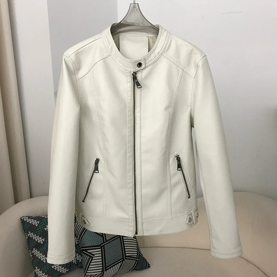 PU Leather Jacket 2024 Spring Autumn Style Round Neck Casual Fashion Slim Versatile Trendy Motorcycle Faux Leather Jacket Women