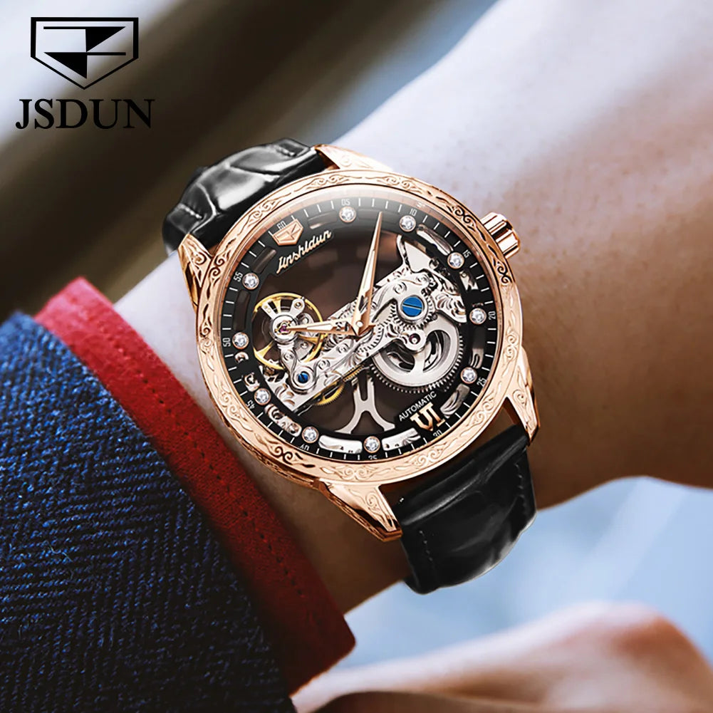 JSDUN 8917 Mens Watch Leather Strap Original Business Multifunctional Mechanical Watch﻿ Waterproof Watches For Man Gifts