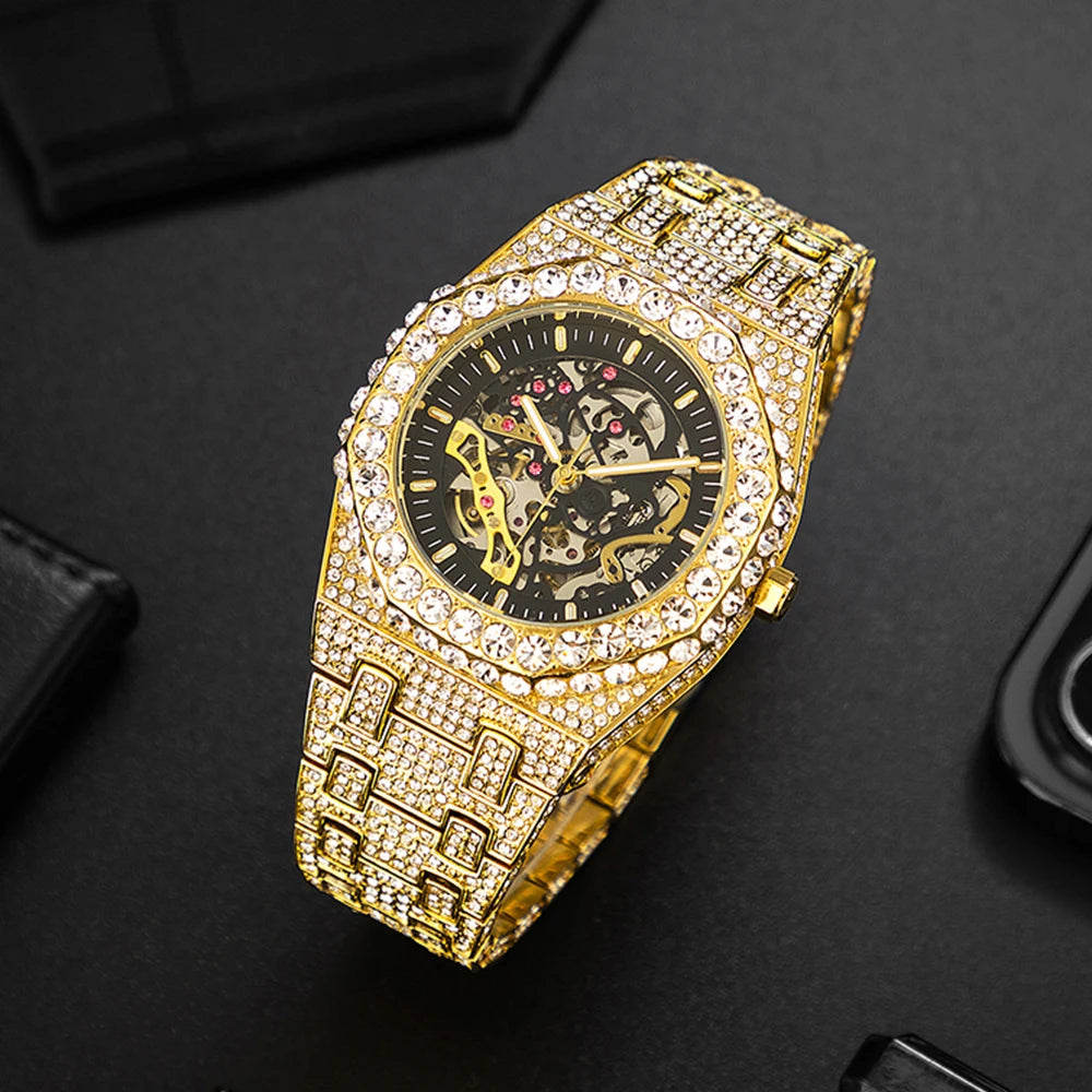 Automatic Watch For Men Luxury Full Ice Out Business Tourbillon Watches Bling Diamond Gold Male Mechanical Wristwatch Hot Sale