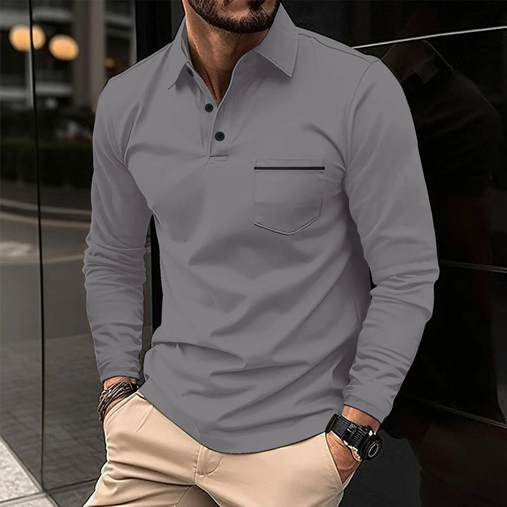 New men's casual long-sleeved polo shirt - solid-colored lapel polo shirt, stylish, breathable, comfortable and versatile top.