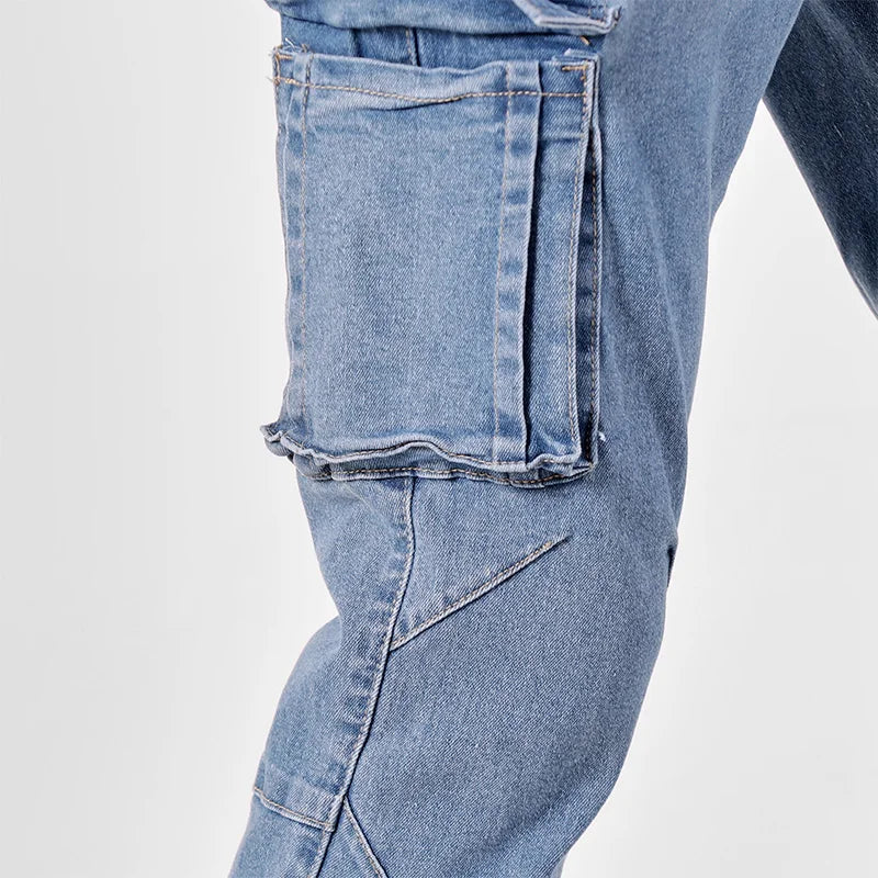 Men's Street Style Elastic Waist Denim Cargo Pants Solid Color Washed Slim Fit Casual Jeans with Multiple Pockets for Daily Wear