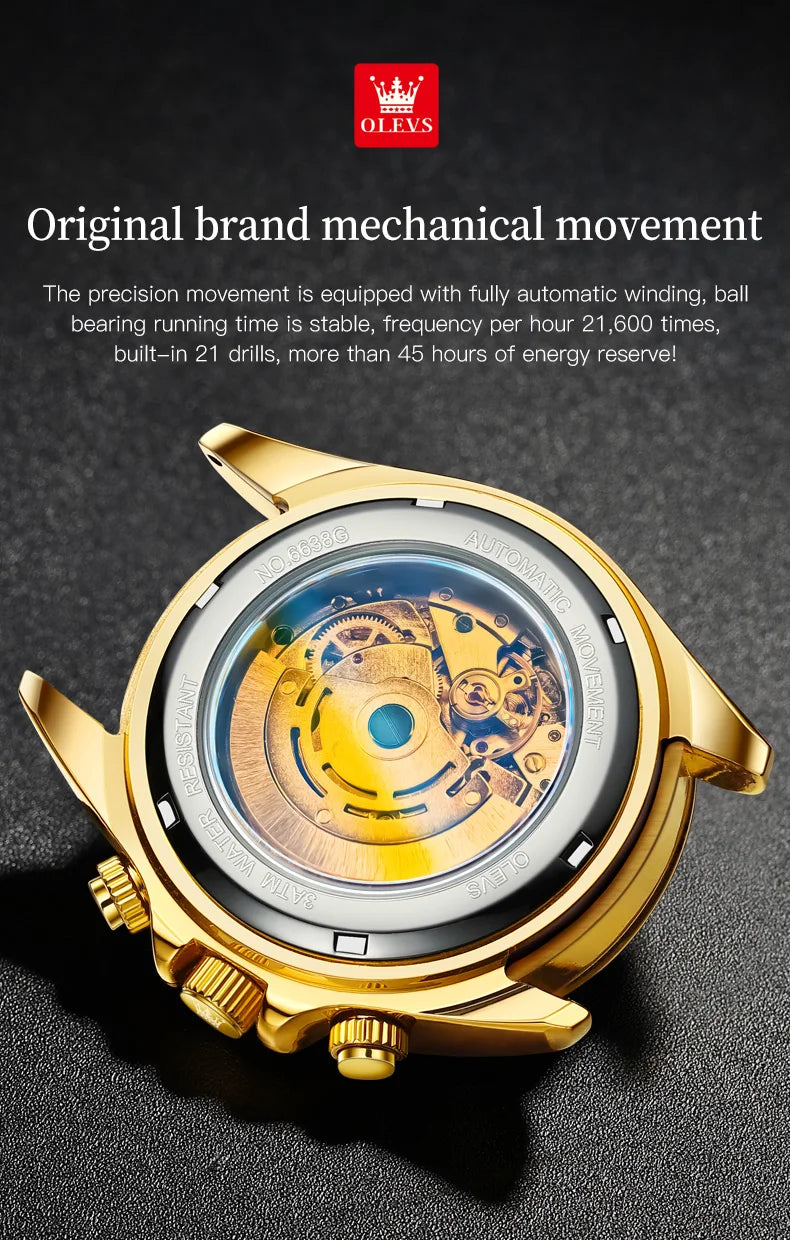 OLEVS 6638 Men Watch Brand Mechanical Movement Automatic Watch Men Luxury Waterproof Calendar Timing Code Original Men Watch