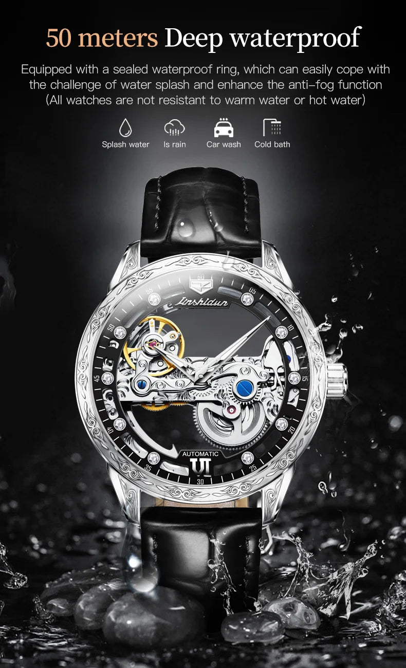 JSDUN 8917 Mens Watch Leather Strap Original Business Multifunctional Mechanical Watch﻿ Waterproof Watches For Man Gifts