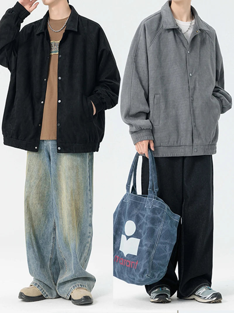 Suede Leather Jacket Men Spring Autumn Turndown Collar Casual Jacket Men Streetwear Plus Size M-8XL for Big and Tall Men's Coats