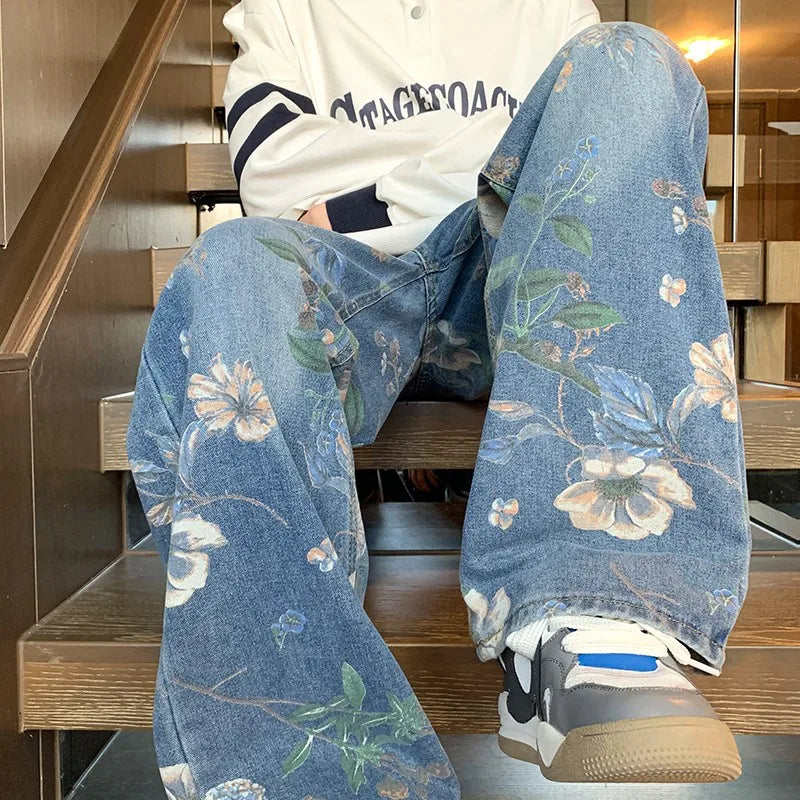 2024 baggy jeans men Floral Printed Jeans Korean Style Autumn Denim Pants High Street Loose Trousers Hip Hop Wide-leg Jean Pants