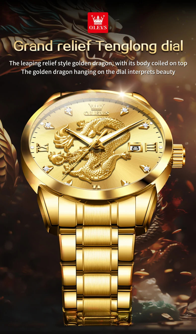 OLEVS 3619 Mens Watch Top Brand Fashion Original Quartz Watch for Man China Loong Dragon Dial Waterproof Luminous Date Reloj
