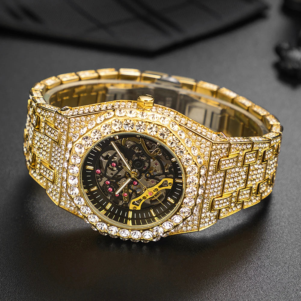 Automatic Watch For Men Luxury Full Ice Out Business Tourbillon Watches Bling Diamond Gold Male Mechanical Wristwatch Hot Sale