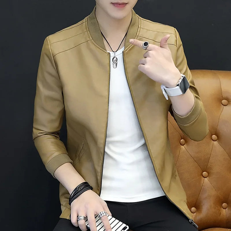 2025 Men's Leather Jacket Slim Fit Casual Men's Jacket Autumn Men's PU Leather Jacket Men's Korean Style Trendy Simple