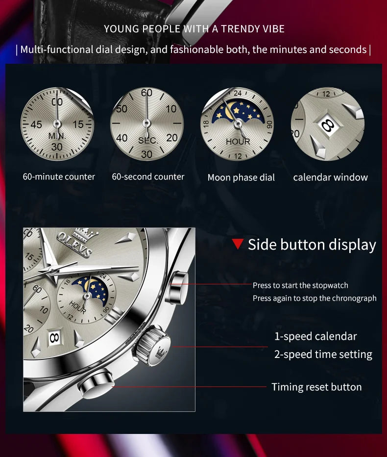 OLEVS 3609 Original Moon Phase Chronograph Man Watch Leather Strap Waterproof Luminous Luxury Brand Quartz Wrist Watches for Men