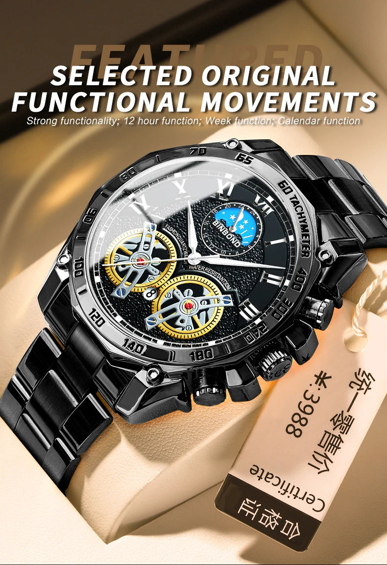 BINBOND Luxury Men Quartz Watches Fashion Concept Decorative Dial Casual Military Sports Wristwatch Waterproof Men's Clock