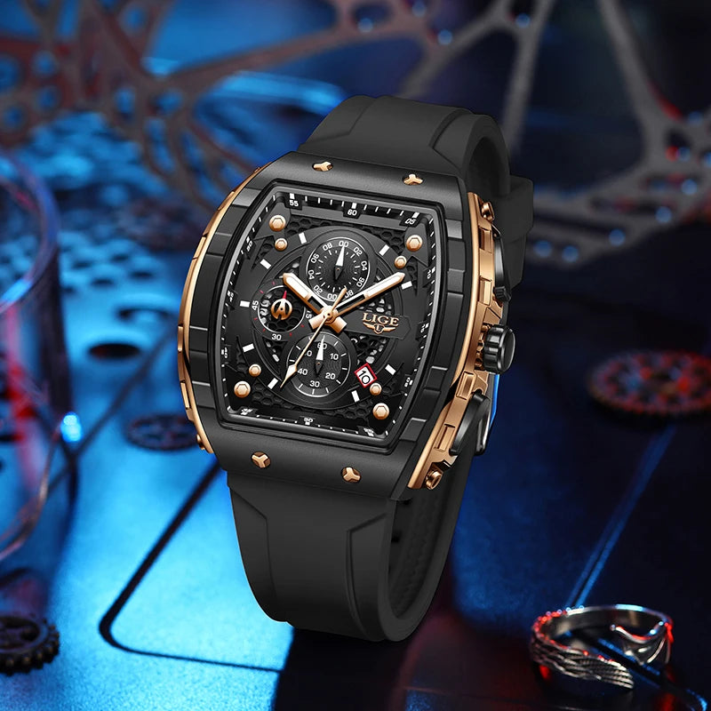 LIGE Man Watch Fashion Luxury Waterproof Silicone Strap Quartz Men's Watches Luminous Sports Auto Date Chronograph Simple Clocks