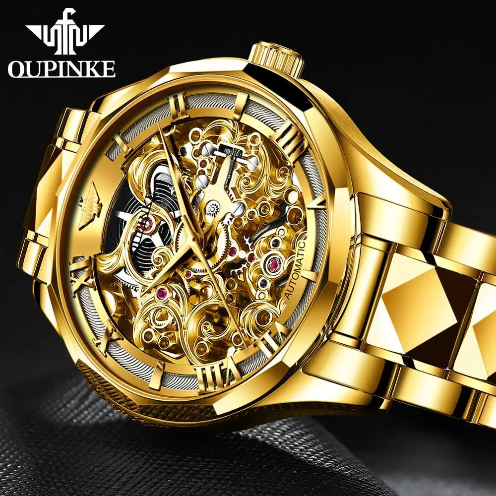 OUPINKE Watches Men Skeleton Automatic Mechanical Wristwatch Luxury Top Brand Sapphire Mirror Tungsten Steel Hollow Montre Homme