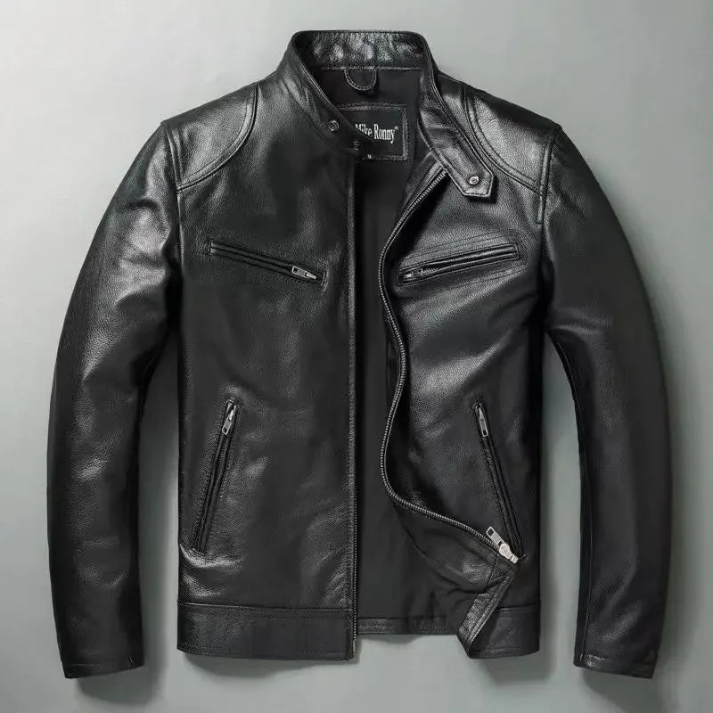 Genuine Leather Jacket Men 100%Cowhide Slim Fit Stand Collar Autumn Winter Cycling Casual Real Leather Cotton Padded Jacket Man