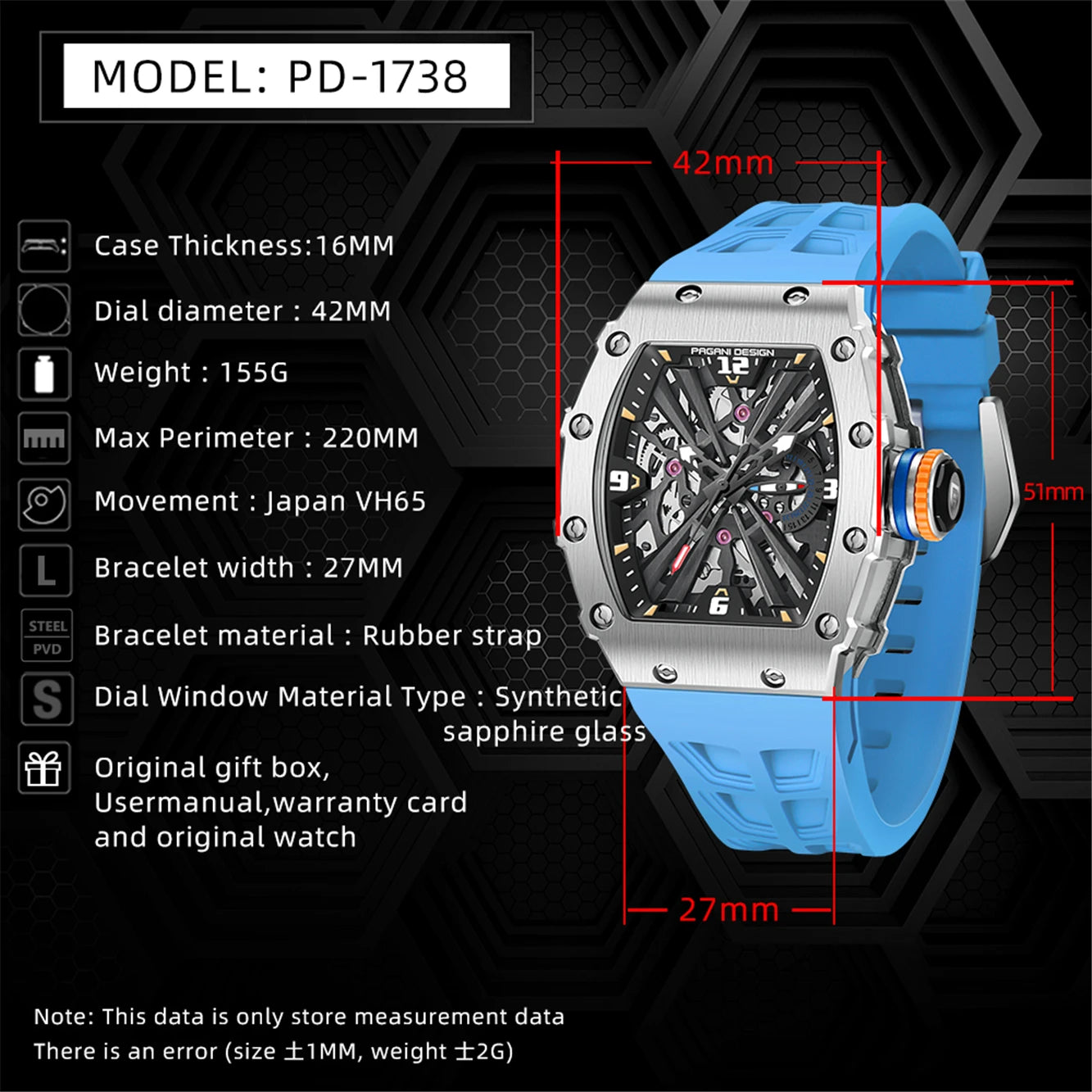 PAGANI DESIGN New VH65 Watch For Men Skeleton Quartz Wristwatch Sapphire Glass Silicone Original Luxury Men Watch Gift With Box