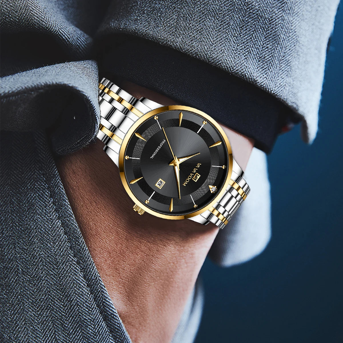 VA VA VOOM Fashion Men's Watches Waterproof Stainless Steel Business Simple Night Light Date Top Brand Quartz Watch for Men