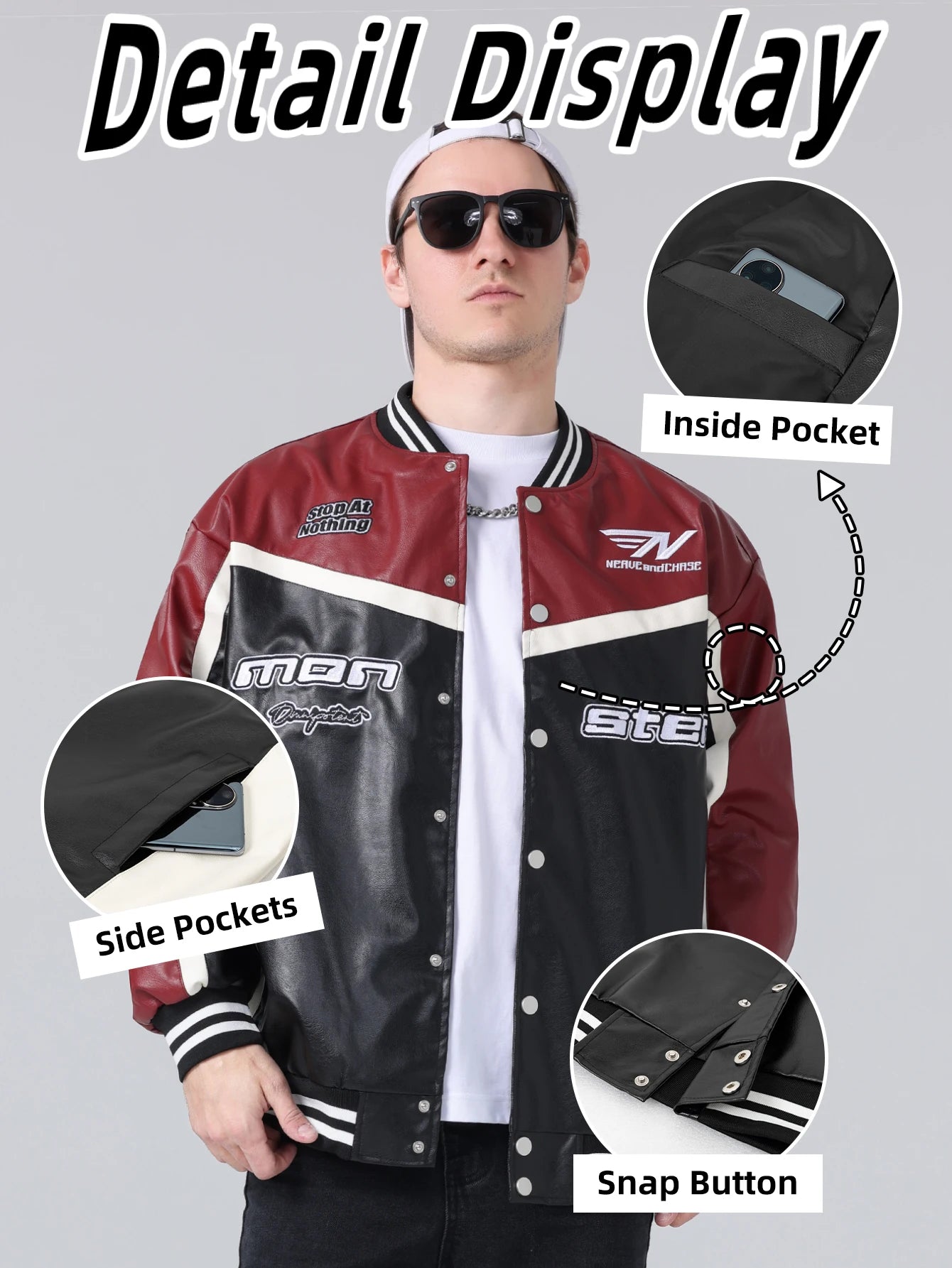 Mens PU Leather Jacket Motorcycle Bomber Jacket Letter Embroidery Coats Leather Vintage Racing Windbreaker Outerwear Streetwear