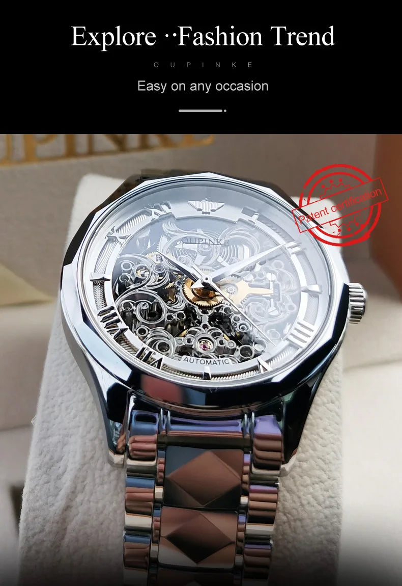 OUPINKE Tungsten Steel Strip Men's Watches Fully Transparent Dial Automatic Mechanical Watch Waterproof Sapphire Mirror Surface