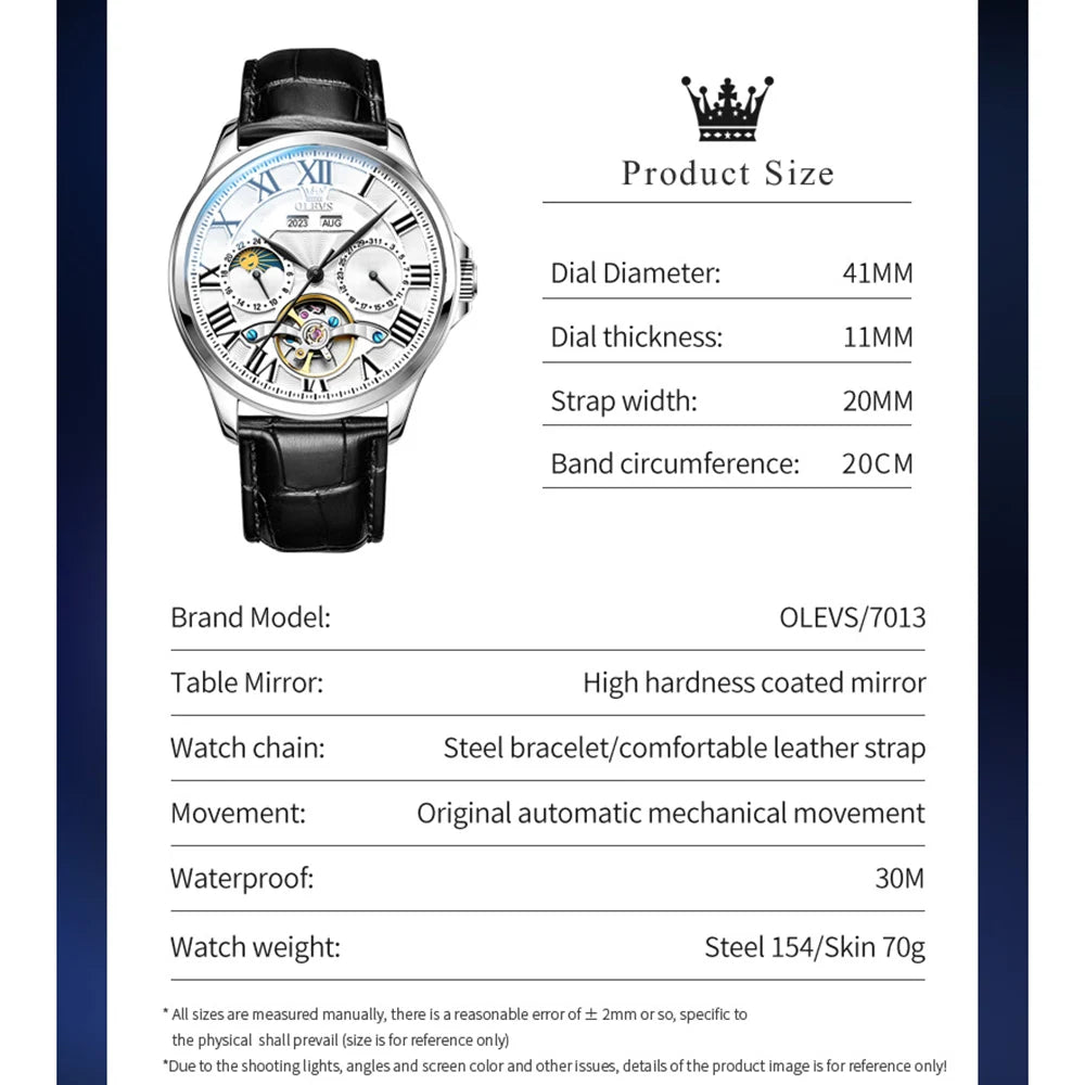 OLEVS 7013 Men's Watch Fashion Moon Phase Mechanical Watch For Men Waterproof Roman Scale Hollow Flywheel Automatic Hand Clock