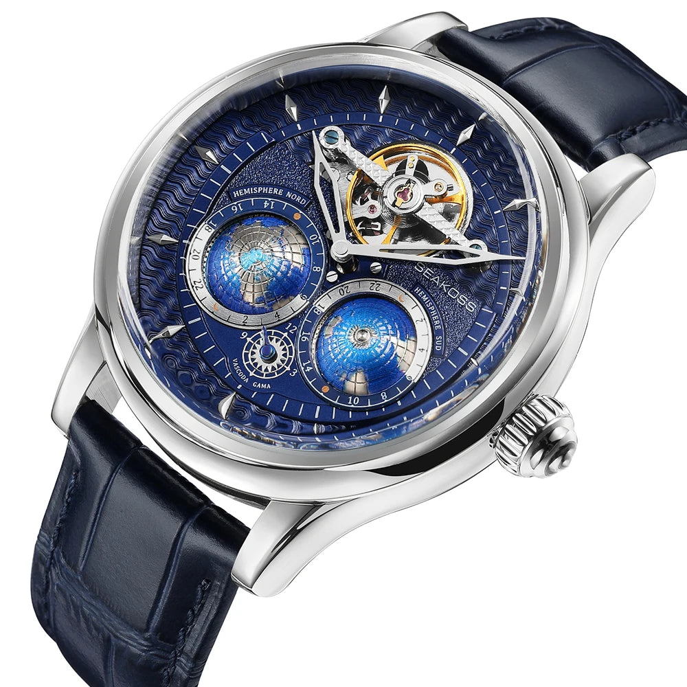 SEAKOSS Luxury Double Earth Rotating Men's Mechanical Watch Automatic Movement Waterproof Clock Pilots Men 1963 Flywheel Watches