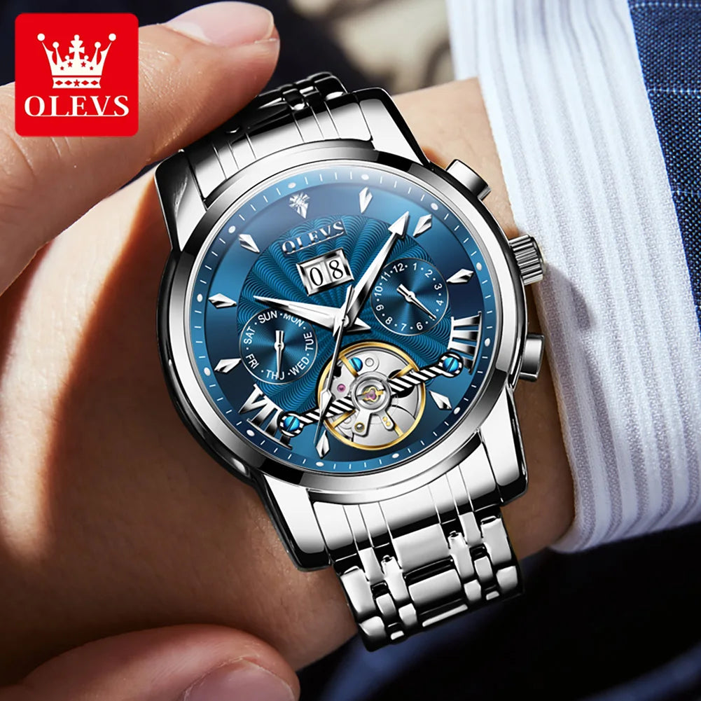 OLEVS Luxury Top Brand Watch for Men Automatic Mechanical Watches Waterproof Stainless Steel Skeleton Design Man Wristwatch