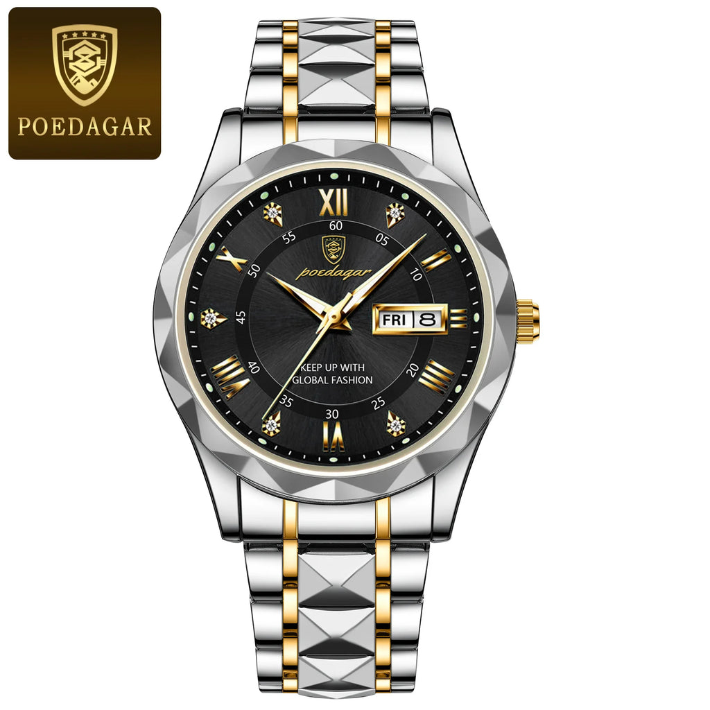 POEDAGAR Luxury Business Men's Watches Waterproof Stainless Steel Luminous Man Wristwatch Date Week Quartz Sport Men Watch Reloj