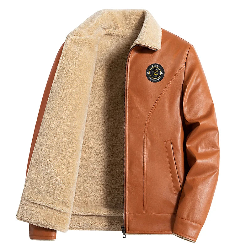 Men's Jackets Faux Leather with Fur Turn-down Collar Embroidered Brand Windproof Warm Coat Outwear