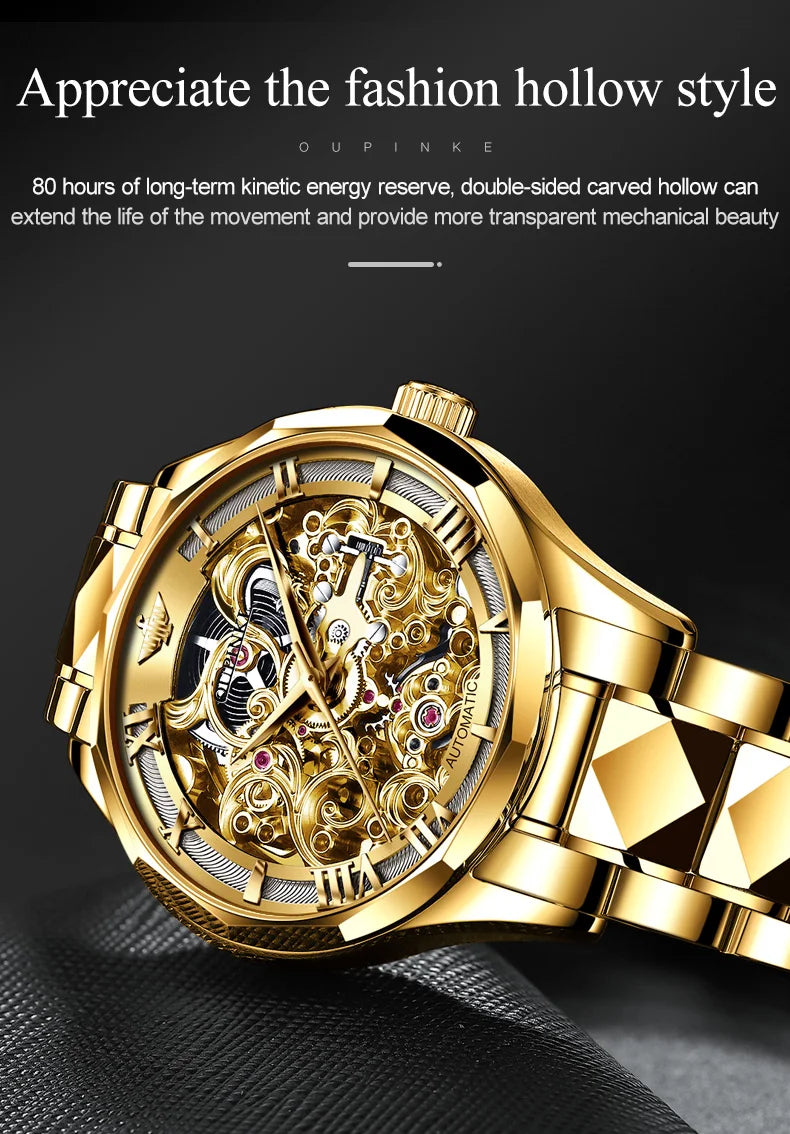 OUPINKE Watches Men Skeleton Automatic Mechanical Wristwatch Luxury Top Brand Sapphire Mirror Tungsten Steel Hollow Montre Homme