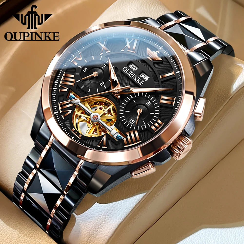 OUPINKE 3236 Men Watch Hollow Skeleton Date Luxury Mechanical Watch For Men Deep Waterproof Roman Scale Male Business Wristwatch