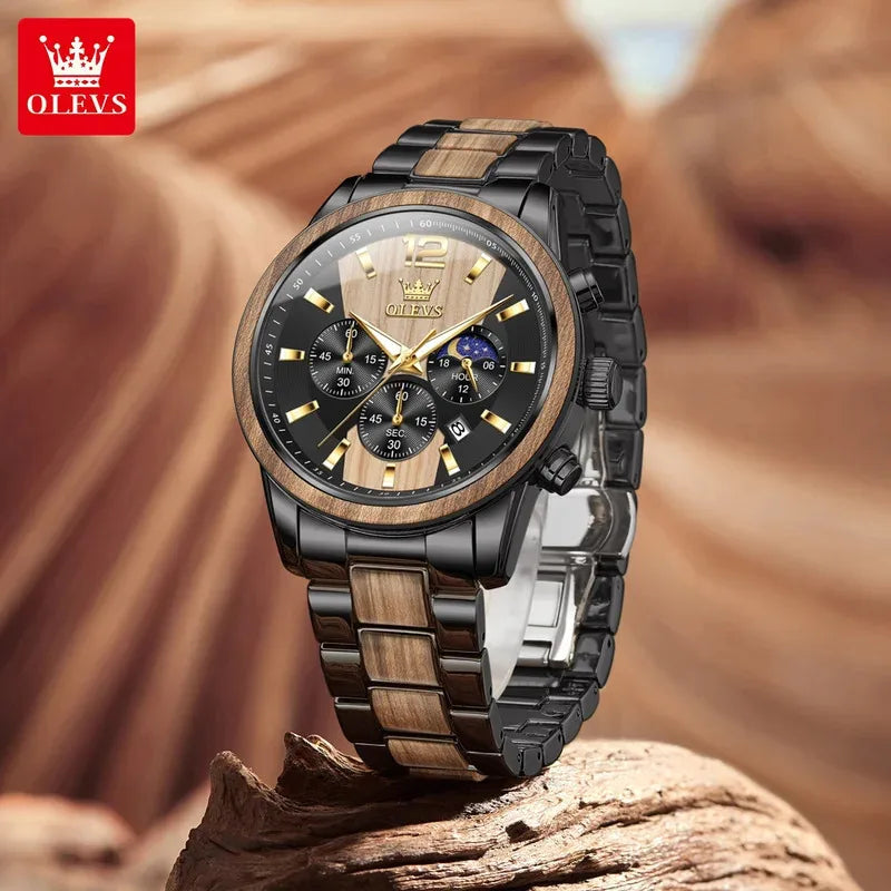 OLEVS 3645 Mens Watch Top Business Quartz Watch Solid Wood Multifunctional Chronograph Watch Moon Phase Reloj New