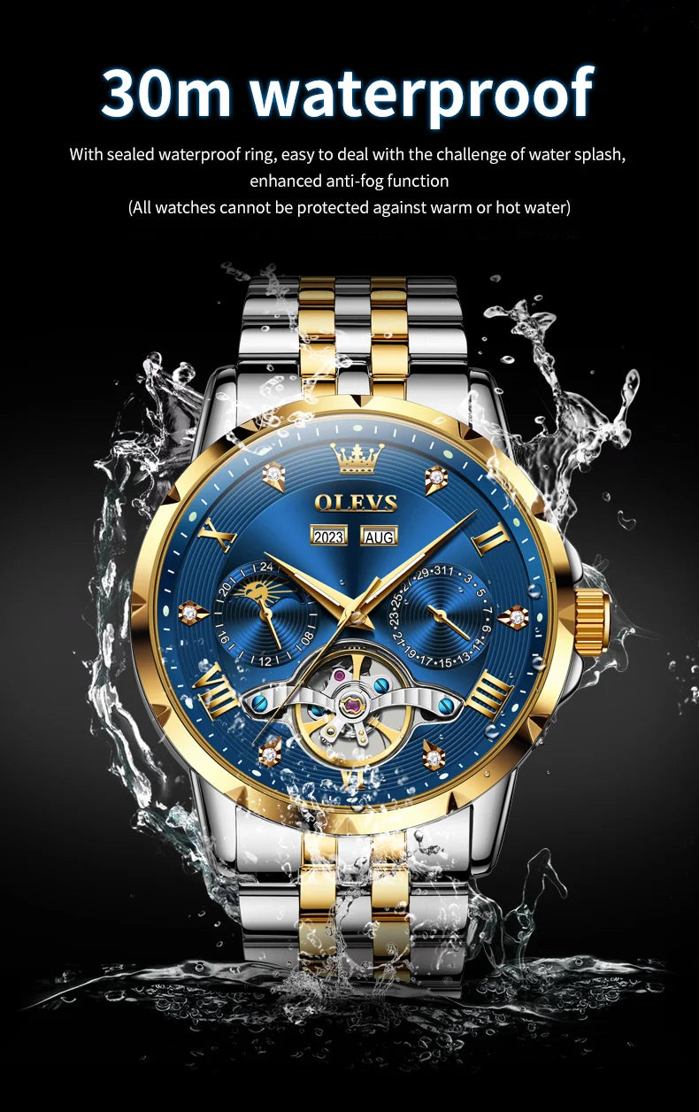 OLEVS Skeleton Multifunctional Men's Watch Automatic Mechanical Luxury Wrist Watch For Men Waterproof Stainless Steel Strap 6691