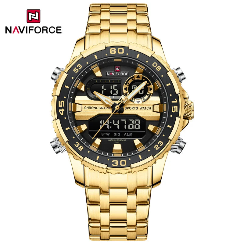 NAVIFORCE Men's Watch Luxury Waterproof Sports Chronograph Quartz Steel Band Wristwatch Digital Date and Week Display Male Clock
