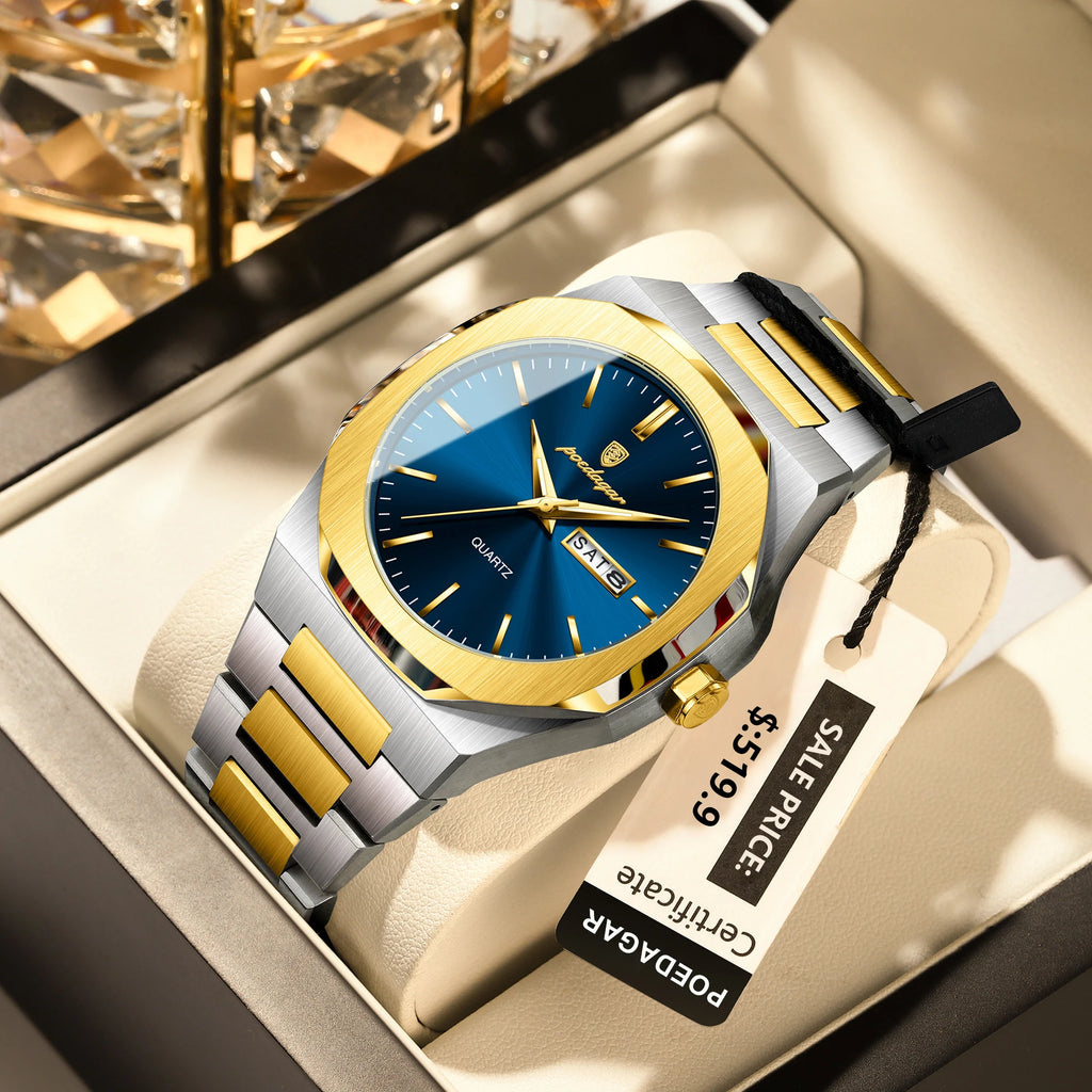POEDAGAR Top Luxury Men Clock Waterproof Luminous Calendar Week Man Wristwatch Sports Stainless Steel Quartz Men's Watches Reloj