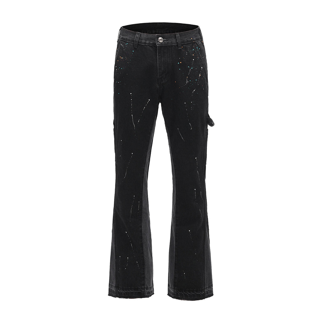 Vintage Mens Flared Leg Jeans Denim Hip Hop Splashing Ink Wide Leg Jean Pants Black Fashionable Retro Streetwear Baggy Jeans Y2k