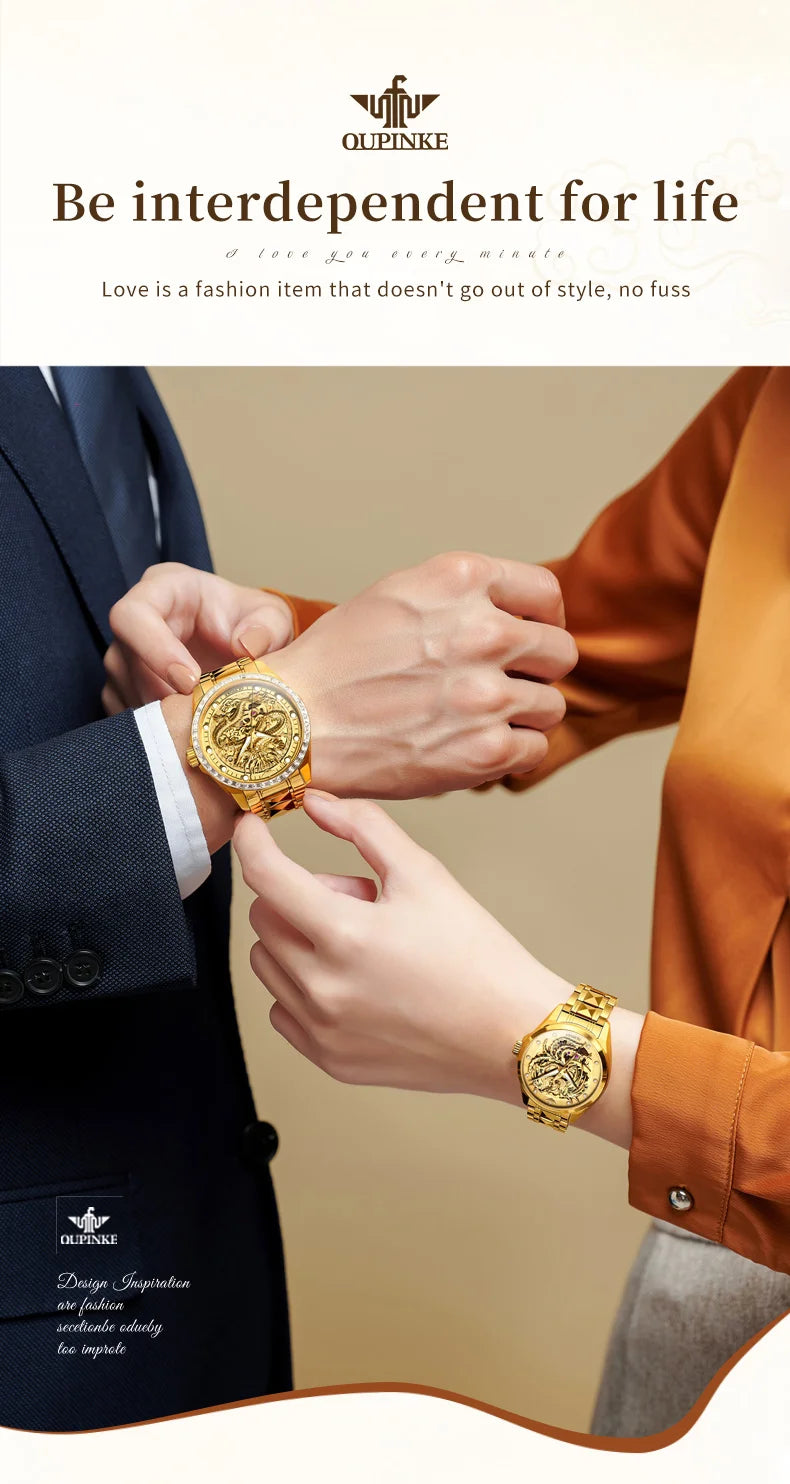 OUPINKE High End Gold Dragon Watch for Men Women Tungsten steel Automatic Mechanical Couple Watches Luxury Couple Wristwatches