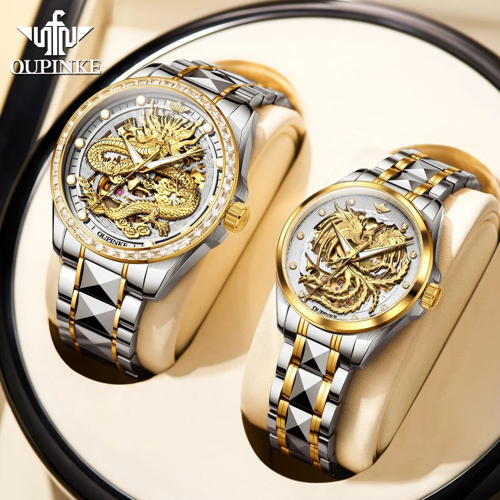 OUPINKE High End Gold Dragon Watch for Men Women Tungsten steel Automatic Mechanical Couple Watches Luxury Couple Wristwatches