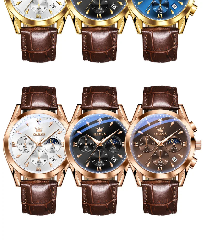 OLEVS 3609 Original Moon Phase Chronograph Man Watch Leather Strap Waterproof Luminous Luxury Brand Quartz Wrist Watches for Men