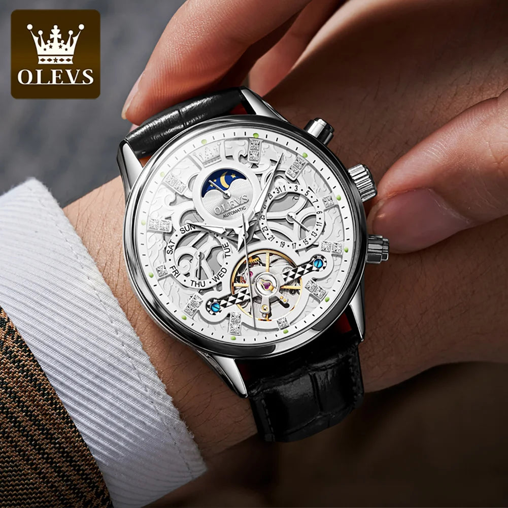 OLEVS 6658 Automatic Watches for Men Leather Strap Moon Phase Men's Hollow Mechanical Wristwatch Waterproof Calendar Hand Clock